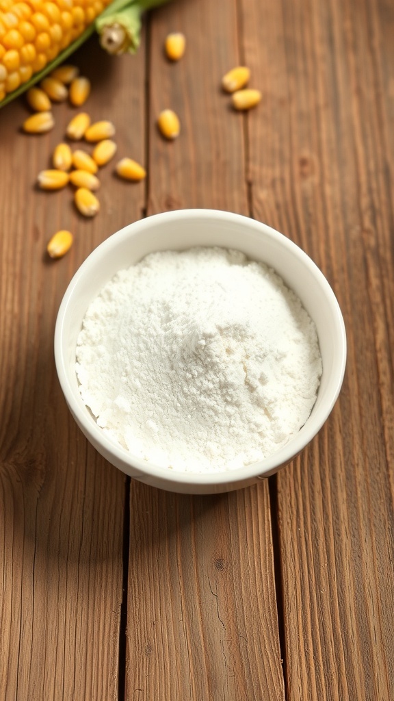 A bowl of cornstarch powder with corn kernels on a wooden table.
